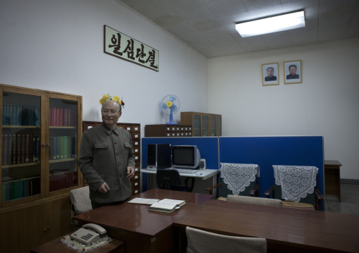 North Korean expert who answers the questions of the visitors in the Grand people's study house, Pyongan Province, Pyongyang, North Korea