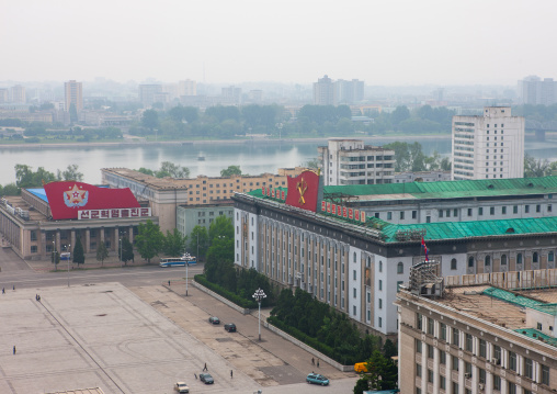 High angle view of Kim il Sung square, Pyongan Province, Pyongyang, North Korea