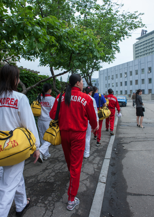 North Korean sport team in the street, Pyongan Province, Pyongyang, North Korea