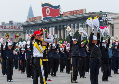 Young North Korean women during a mass games rehearsal in Kim il Sung square, Pyongan Province, Pyongyang, North Korea