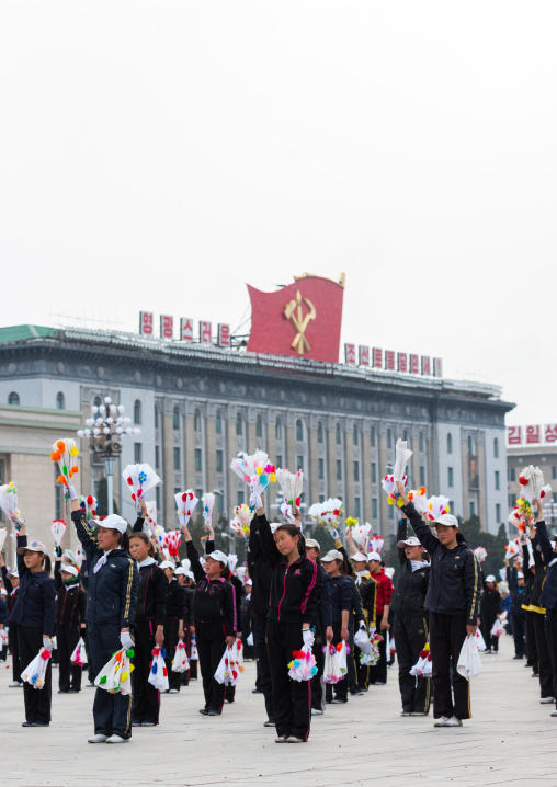 Young North Korean women during a mass games rehearsal in Kim il Sung square, Pyongan Province, Pyongyang, North Korea