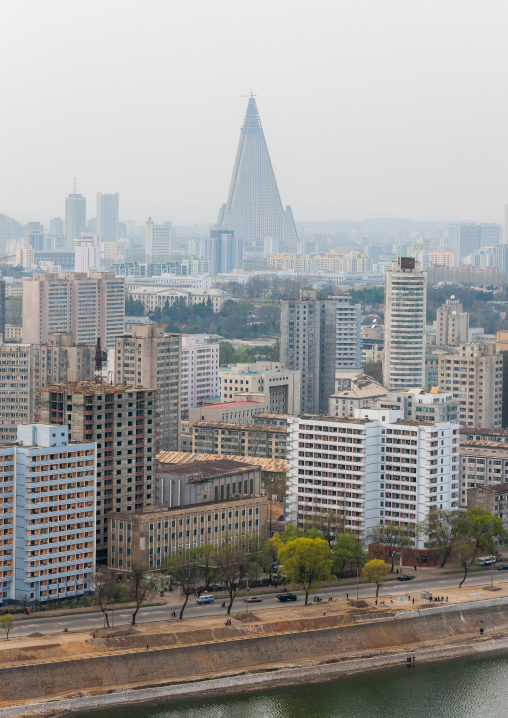 High angle view of buildings in the city center, Pyongan Province, Pyongyang, North Korea