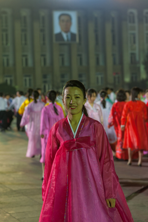 North Korean student dancing to celebrate april 15 the birth anniversary of Kim Il-sung, Pyongan Province, Pyongyang, North Korea