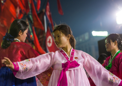 North Korean students dancing to celebrate april 15 the birth anniversary of Kim Il-sung, Pyongan Province, Pyongyang, North Korea