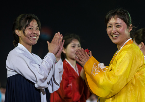 North Korean students dancing to celebrate april 15 the birth anniversary of Kim Il-sung, Pyongan Province, Pyongyang, North Korea