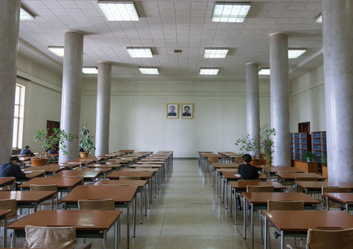 Multimedia room of the Grand people's study house with the offcial portraits of the Dear Leaders, Pyongan Province, Pyongyang, North Korea