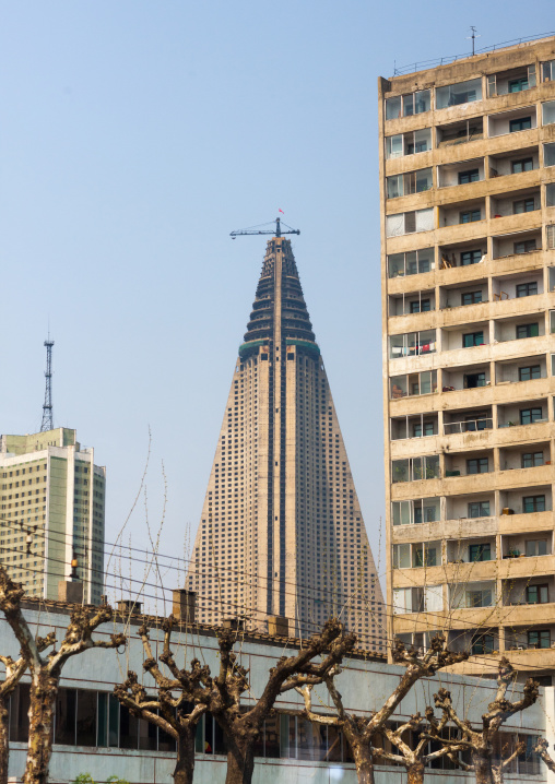 Construction of the pyramid-shaped Ryugyong hotel, Pyongan Province, Pyongyang, North Korea