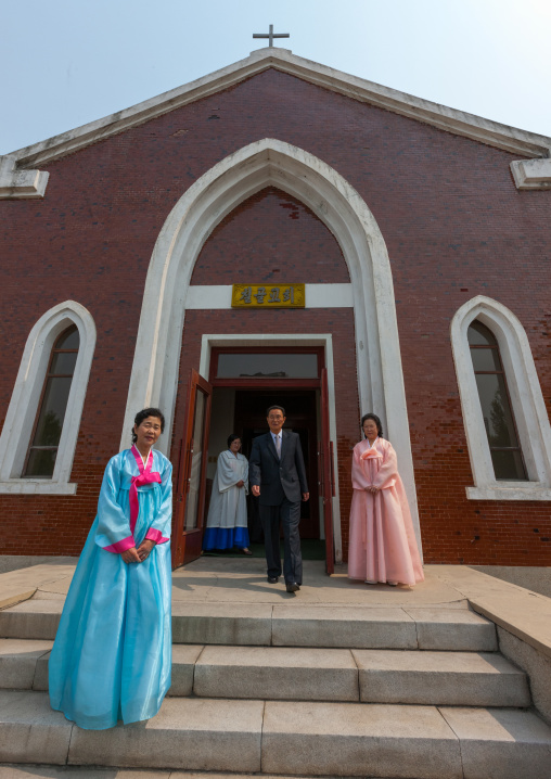 North Korean people in front of Chilgol protestant church, Pyongan Province, Pyongyang, North Korea