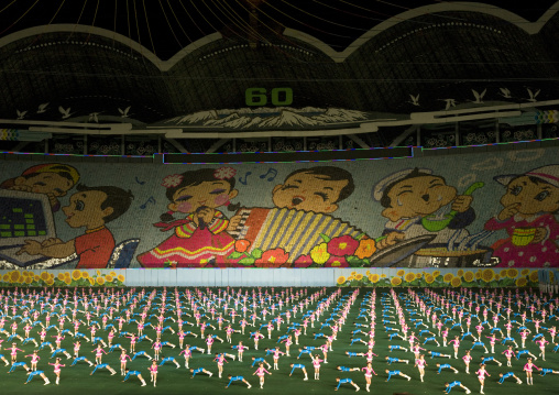 Panoramic view of the Arirang mass games with North Korean performers in may day stadium, Pyongan Province, Pyongyang, North Korea