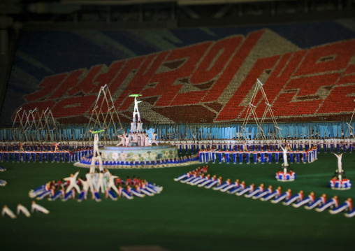 Panoramic view of the Arirang mass games with North Korean performers in may day stadium, Pyongan Province, Pyongyang, North Korea