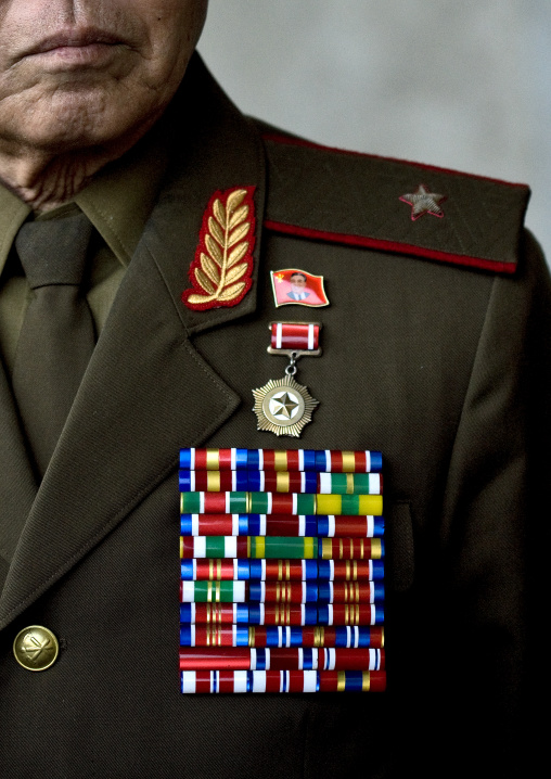 Portrait of a North Korean war veteran called general Pak Shan Su wearing medals, Pyongan Province, Pyongyang, North Korea