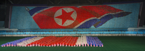 North Korean flag made by children pixels holding up colored boards during Arirang mass games in may day stadium, Pyongan Province, Pyongyang, North Korea