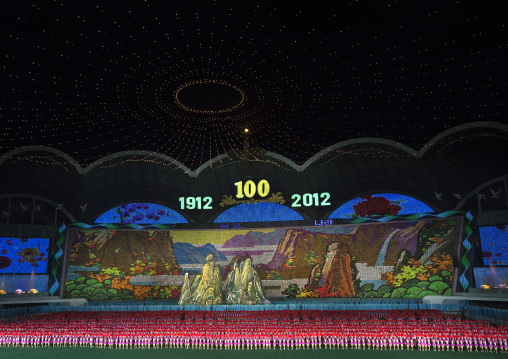 Panoramic view of the Arirang mass games with North Korean performers in may day stadium, Pyongan Province, Pyongyang, North Korea