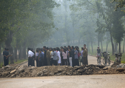 North Korean people having a meeting before collective works, North Hwanghae Province, Kaesong, North Korea