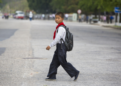 North Korean pioneer boy from the Korean children's union crossing a road, North Hwanghae Province, Kaesong, North Korea