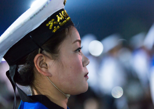 Sexy North Korean women dressed as sailors during the Arirang mass games in may day stadium, Pyongan Province, Pyongyang, North Korea