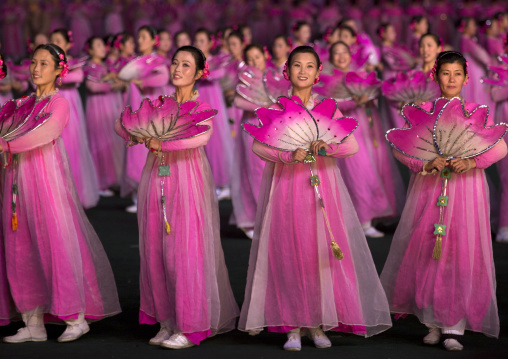 North Korean women dancing in choson-ot during the Arirang mass games in may day stadium, Pyongan Province, Pyongyang, North Korea