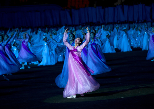 North Korean women dancing in choson-ot during the Arirang mass games in may day stadium, Pyongan Province, Pyongyang, North Korea