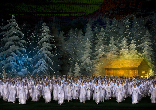 North Korean dancers performing in front of Kim Jong il native house during Arirang mass games in may day stadium, Pyongan Province, Pyongyang, North Korea