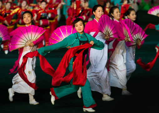 North Korean women dancing in choson-ot during the Arirang mass games in may day stadium, Pyongan Province, Pyongyang, North Korea