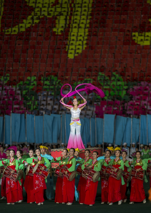 North Korean women dancing with ribbons during the Arirang mass games in may day stadium, Pyongan Province, Pyongyang, North Korea