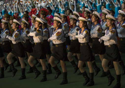 Sexy North Korean women dressed as sailors during the Arirang mass games in may day stadium, Pyongan Province, Pyongyang, North Korea