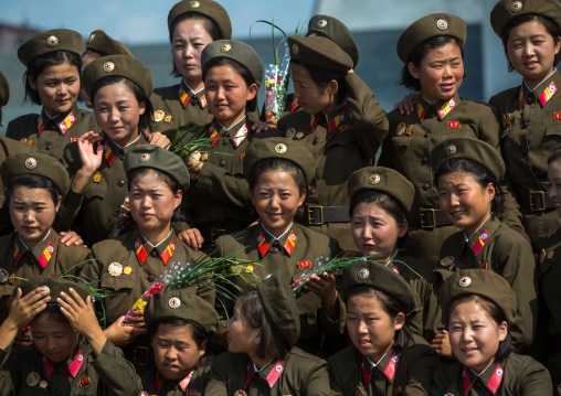 North Korean soldiers women posing for a photo souvenir, Pyongan Province, Pyongyang, North Korea