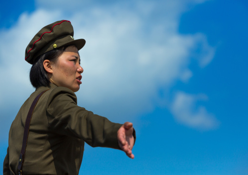 North Korean female soldier giving instructions, Pyongan Province, Pyongyang, North Korea