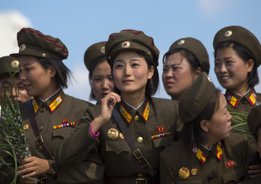 North Korean soldiers women posing for a photo souvenir, Pyongan Province, Pyongyang, North Korea