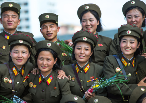 North Korean soldiers women posing for a photo souvenir, Pyongan Province, Pyongyang, North Korea