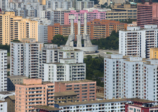 High angle view of buildings in the city center, Pyongan Province, Pyongyang, North Korea