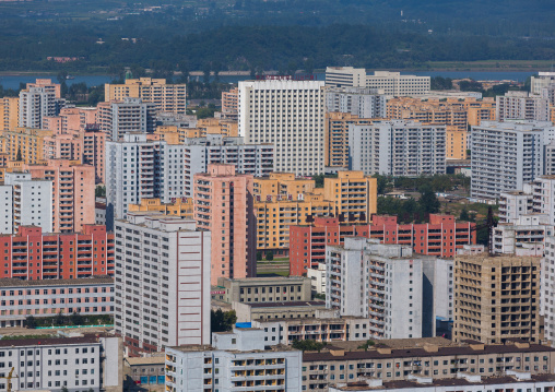 High angle view of buildings in the city center, Pyongan Province, Pyongyang, North Korea