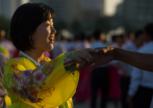 North Korean students during a mass dance performance on september 9 day of the foundation of the republic, Pyongan Province, Pyongyang, North Korea