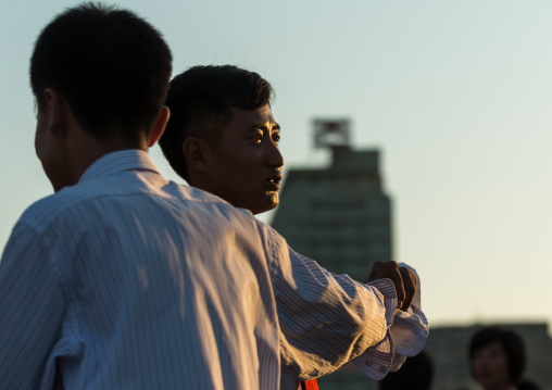 North Korean students during a mass dance performance on september 9 day of the foundation of the republic, Pyongan Province, Pyongyang, North Korea