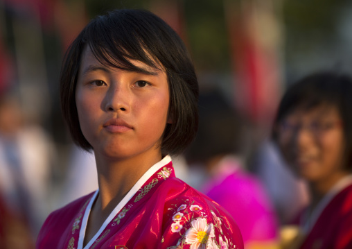 North Korean students during a mass dance performance on september 9 day of the foundation of the republic, Pyongan Province, Pyongyang, North Korea