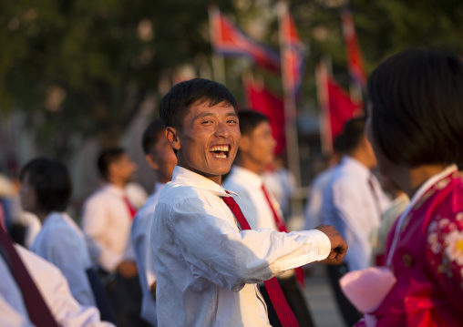 North Korean students during a mass dance performance on september 9 day of the foundation of the republic, Pyongan Province, Pyongyang, North Korea