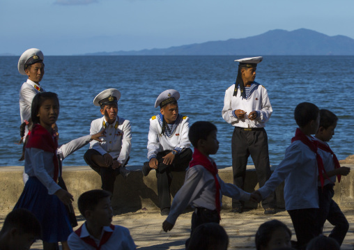 North Korean navy sailors resting on the beachfront, Kangwon Province, Wonsan, North Korea