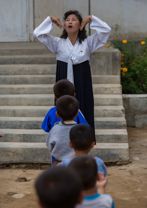 North Korean children making morning gymnastics at school, South Hamgyong Province, Hamhung, North Korea