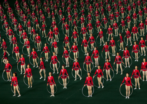 North Korean gymnasts performing during Arirang mass games in may day stadium, Pyongan Province, Pyongyang, North Korea