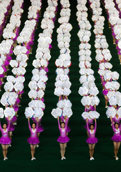 North Korean gymnasts performing during Arirang mass games in may day stadium, Pyongan Province, Pyongyang, North Korea