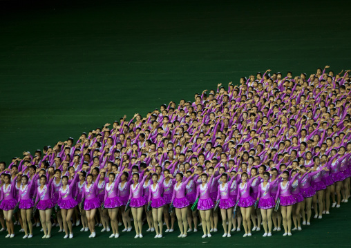 North Korean gymnasts performing during Arirang mass games in may day stadium, Pyongan Province, Pyongyang, North Korea