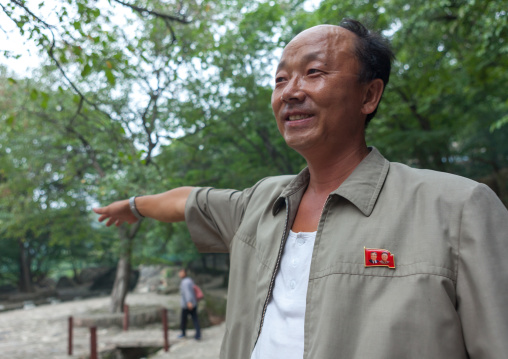 Portrait of a North Korean man with the Dear Leaders badge on his vest, North Hwanghae Province, Kaesong, North Korea