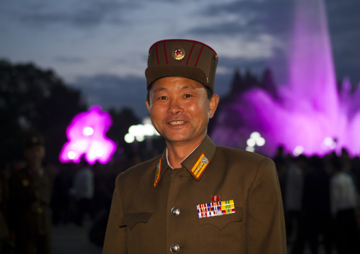 North Korean soldier going to the Arirang mass games in may day stadium, Pyongan Province, Pyongyang, North Korea