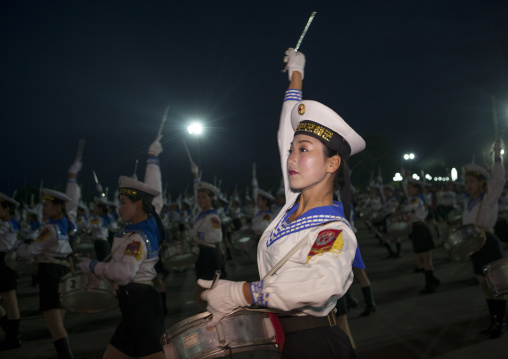 Sexy North Korean women dressed as sailors during the Arirang mass games in may day stadium, Pyongan Province, Pyongyang, North Korea