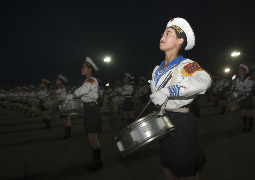 Sexy North Korean women dressed as sailors during the Arirang mass games in may day stadium, Pyongan Province, Pyongyang, North Korea