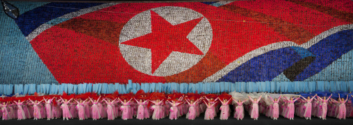 North Korean flag made by human pixels holding up colored boards during Arirang mass games in may day stadium, Pyongan Province, Pyongyang, North Korea