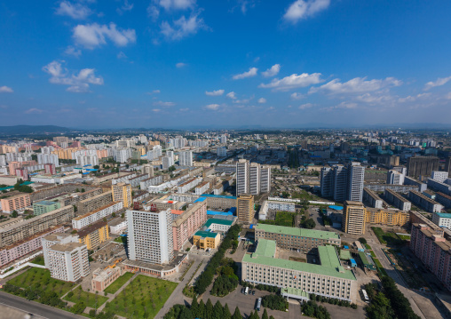 High angle view of buildings in the city center, Pyongan Province, Pyongyang, North Korea