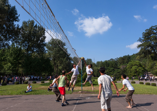 North Korean people playing volley ball in a park, Pyongan Province, Pyongyang, North Korea