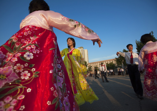 North Korean students during a mass dance performance on september 9 day of the foundation of the republic, Pyongan Province, Pyongyang, North Korea