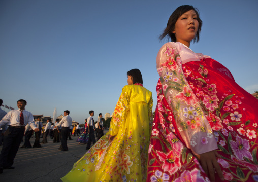 North Korean students during a mass dance performance on september 9 day of the foundation of the republic, Pyongan Province, Pyongyang, North Korea